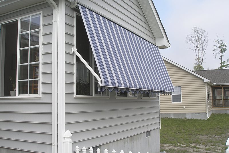 blue and white striped window awning