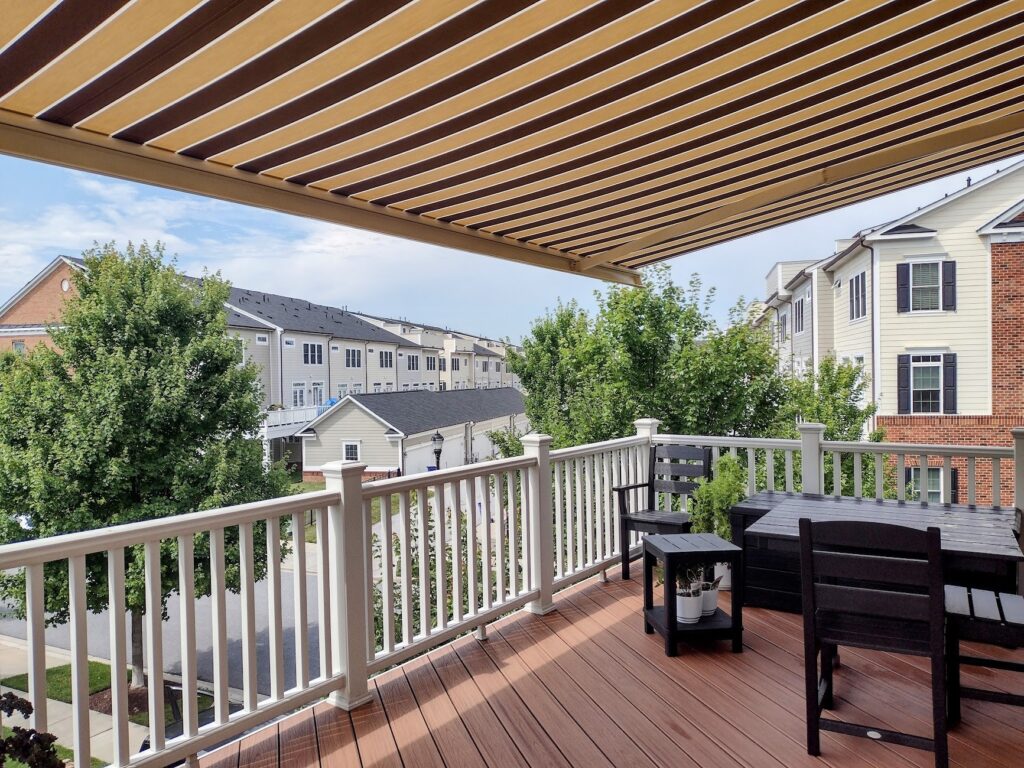 striped awning over a deck